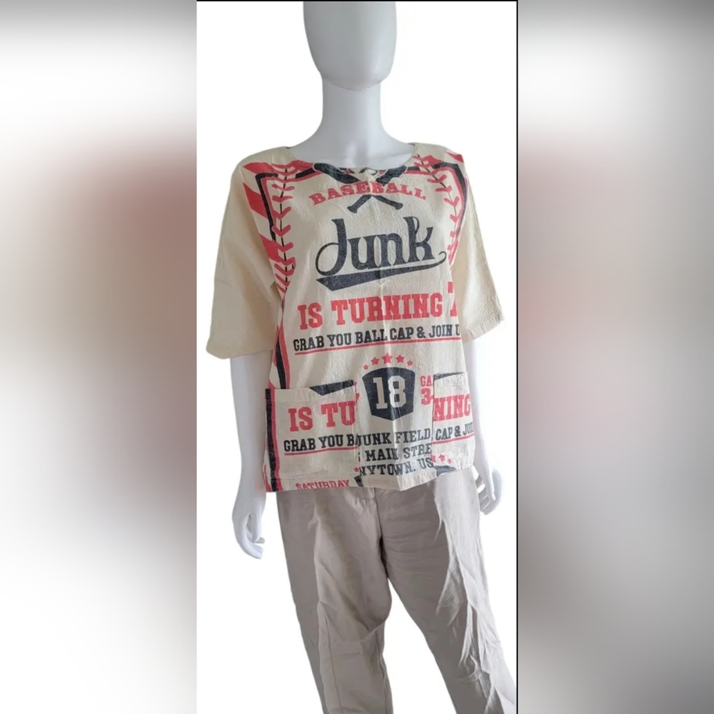 #775 Flour Sack Vintage Print Short Sleeve Top-Junk Baseball